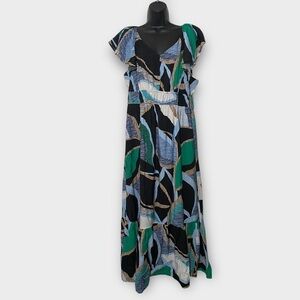 Nine West Blue Green & Black V-Neck Short Sleeve Maxi Dress Size XXL